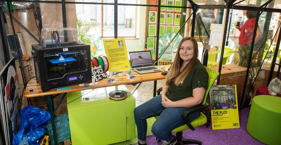 Bethany Holmes, a student of the University of Plymouth MSc Integrated Design Innovation programme, displays her work at the Plot