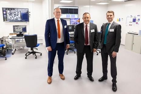 Executive Dean  Professor Christopher Fogwill , Vice-Chancellor  Professor Richard Davies  and Facilities Manager  Dr Alex Strachan  in the new  Plymouth Electron Microscopy Centre (PEMC)  